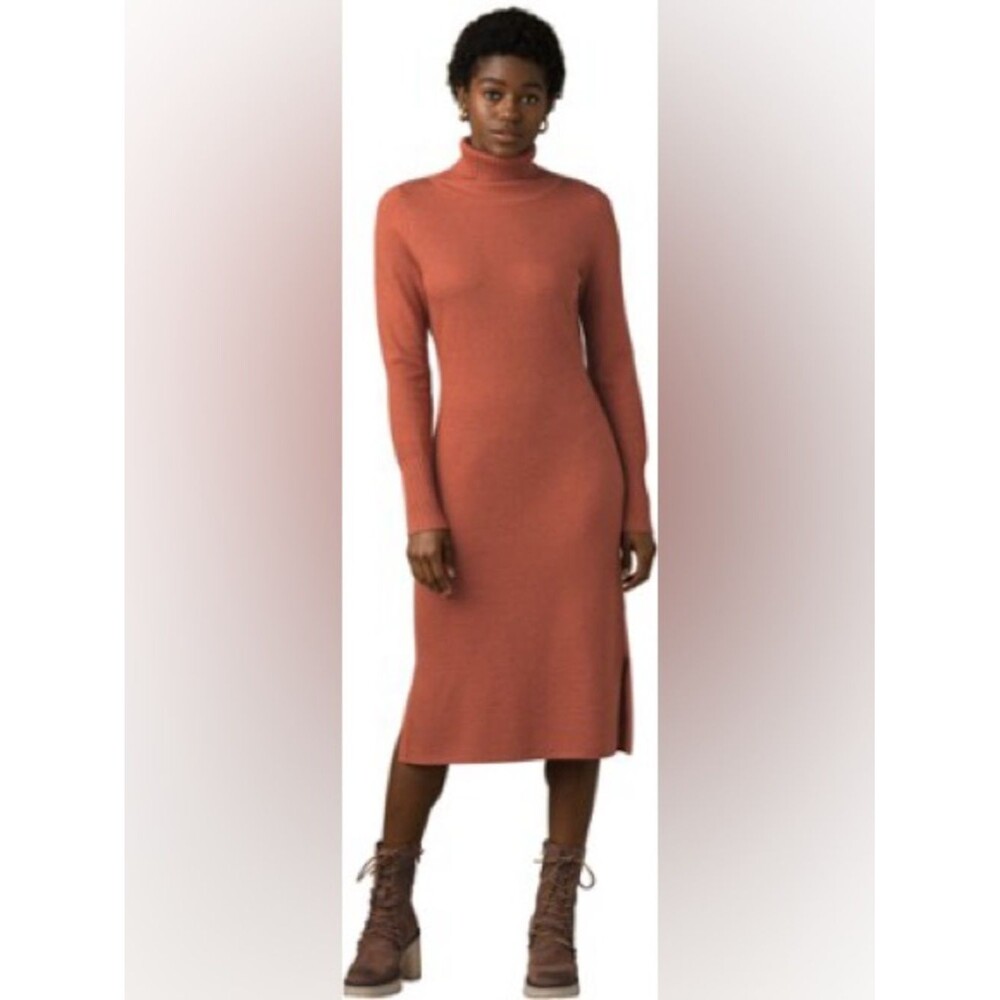 Prana Rusty Orange Knit Turtleneck Midi Figaro Long Sleeve Dress Sz S